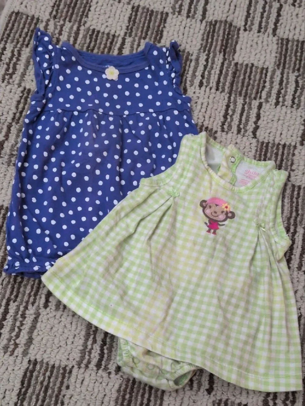 Carter's Purple Polka Dot Baby Romper & Green Checked Monkey Bodysuit.